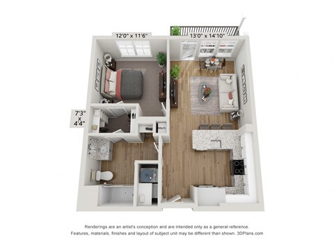 Floor plan for 1 bed, 1 bath, 684 sqft